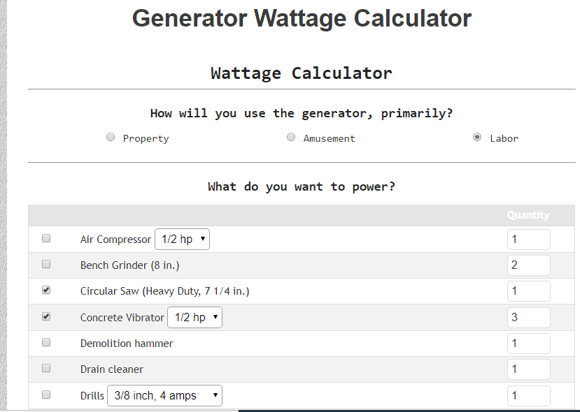 generator wattage calculator (labor)